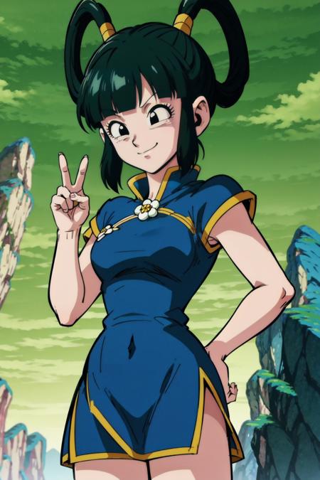 8k, masterpiece, best quality, yurin, 1girl, solo,cowboy shot, black eyes,chinese clothes, (blue chinese dress:1.1), flower brooch, smile,namek, rocky blue grassfields, dark green hair,v,peace sign, hair rings, sidelocks, confident, green sky,side slit,short dress