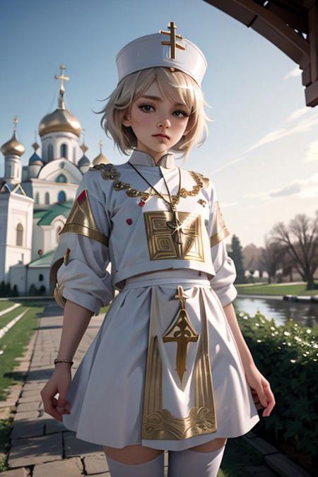 Slavic femboy, (Orthodox Christian:1.2), magical, detailed background of Russian house, Kulich Easter bread, wallpaper, landscape, depth of field, side lighting, genshin impact, ultra detailed