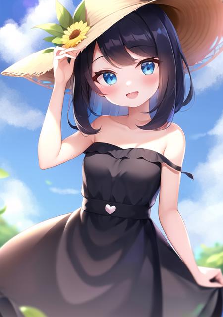 <lora:liko:0.5>,liko, 1girl, blush, smile, open mouth, bangs, blue eyes, black hair, hat, dress, bare shoulders, flower, :d, heart, outdoors, sky, day, tongue, cloud, medium hair, eyelashes, pokemon (creature), strapless, blue dress, sunglasses, strapless dress, sun hat, brown headwear, hat flower, eyewear on headwear