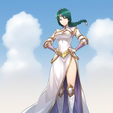 Thorr_FEH green hair, yellow eyes, braided ponytail, hair ornament,white footwear, detached sleeves, battle axe, high heel boots,knee boots, white dress, side slit,circlet