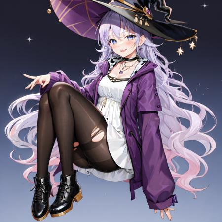 Shisui Michiru, long hair, 1girl, solo, very long hair, light purple hair, gradient hair, jewelry, witch hat, smile, blue eyes, purple jacket, cow print, sleeves past wrists, black pantyhose, bangs, necklace, white dress, earrings, black choker, torn clothes, multicolored hair, black footwear, ahoge, blush BREAK
full body, living room background
 <lora:Shisui_Michiru-03:0.5>