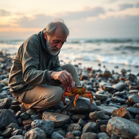 weird older man gently patting crab on a rocky beach, dawn, cozy, shoreline