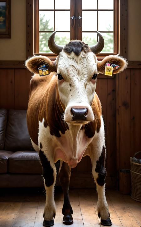 Pointillism style ((best quality)), ((masterpiece)), (detailed), 8K, close-up shot of a cow standing inside a cozy, rustic living room, sunlight streaming through large windows, warm and inviting atmosphere, wooden floors, plush furniture, cow looking curiously at the camera, intricate details, (photorealistic:1.6), in the style of Norman Rockwell . Composed entirely of small, distinct dots of color, vibrant, highly detailed