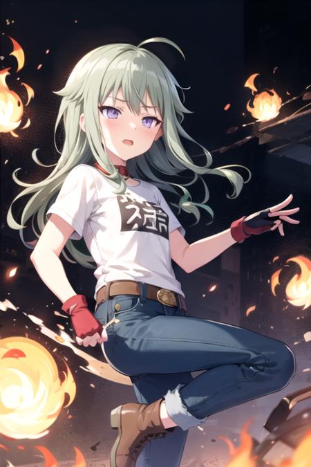 <lora:NotKyo-02:0.7> ,nene, 1girl, long hair, blush, purple eyes, skirt, green hair, denim, fingerless gloves, black gloves, gloves, white t shirt, black jacket, boots, jeans, leather, leather jacket, pyrokinesis, pants