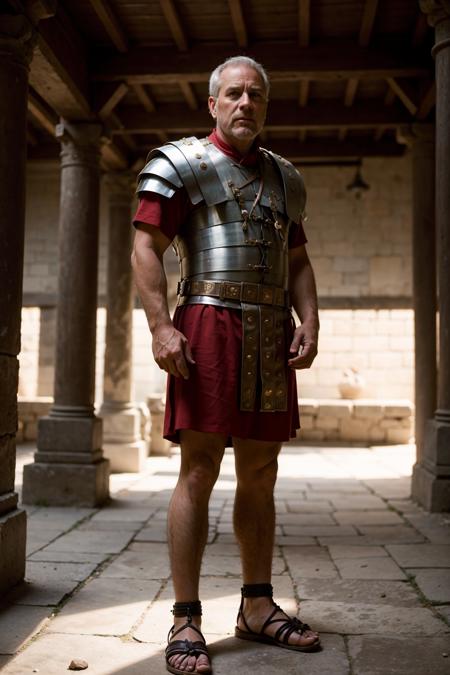 a full body photgraphy of a rugged man wearing loriseg armor and sandals in an ancient temple interior, red tunic, backlight, dimly lit <lora:loriseg_V2-10:0.7>