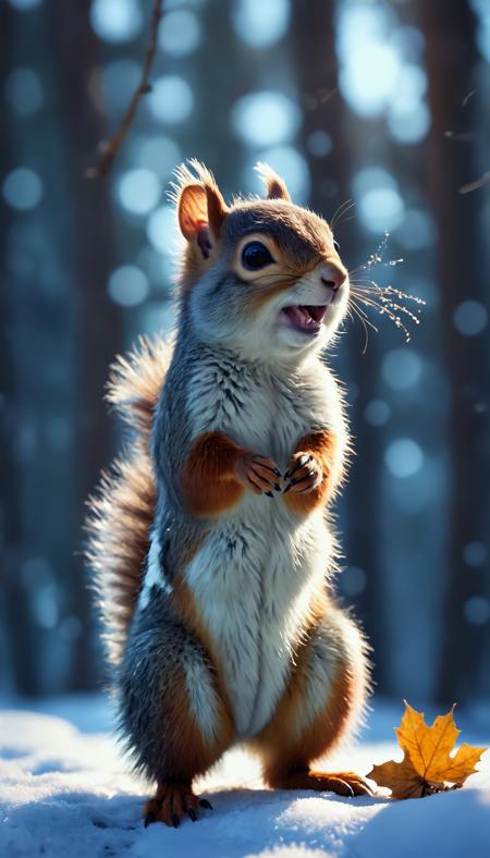 The image is a backlight 3D rendering of a small squirrel sitting is a snowy landscape in a forest and eating a walnut. It has a bushy tail and bushy ears. Its eyes are large and round, and its mouth is slightly open, as if it is about to say something. Its fur is grey and its tail is curled around its body.
