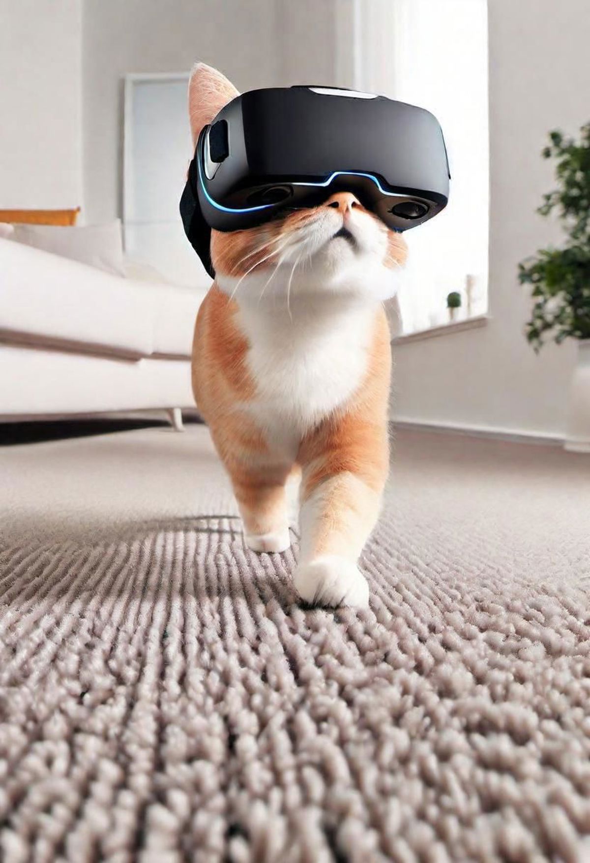 A brown and white cat wearing a VR headset and walking on a carpet.