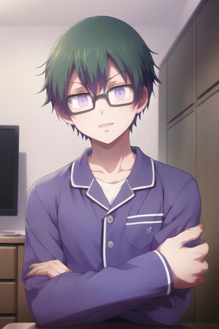 masterpiece, best quality, high quality, 1boy, solo, male focus, looking at viewer, upper body, <lora:takaharu_ootomo:0.72>, takaharu_ootomo, purple eyes, green hair, glasses, , pajamas