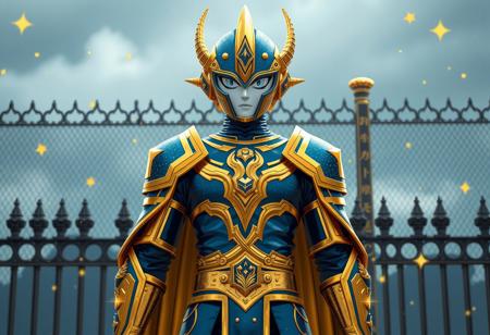 Create a highly detailed, lifelike, and HD image of a 38-year-old Decago Knight standing in front of a fence, inspired by the works of Ultraman, Ito Ogure, Hayao Miyazaki, and Studio Ghibli. The character should wear a golden blue outfit with long arms and an evil god aesthetic, with a symmetrical expression and eye symmetry. Incorporate gold dust and glitter elements, with a klimt frame and filmation style. Ensure the image adheres to the golden ratio and has a high level of intricacy, similar to the art of Masashi Ando, Artgerm, and Sorayama. The output should be suitable for use as a Telegram sticker, with a quasar and artstation-inspired level of quality.