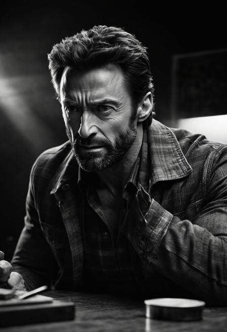 highly detailed and hyper realistic b&w photo of (
Hugh Jackman
 as Wolverine )  (eyes Catch-lights), ,(  black background,) (smoking cigarette) ,thick flannel jacket, ,tumbler of whiskey on table shadow falling on eyes, , b&w ,   (lighting: dramatic) , (lighting: high key) shot on Polaroid film, cinematic still frame, film grain, shallow depth of field, , crouched, faded colors, vintage, motion blur, , deep shadows, highly detailed and hyper realistic