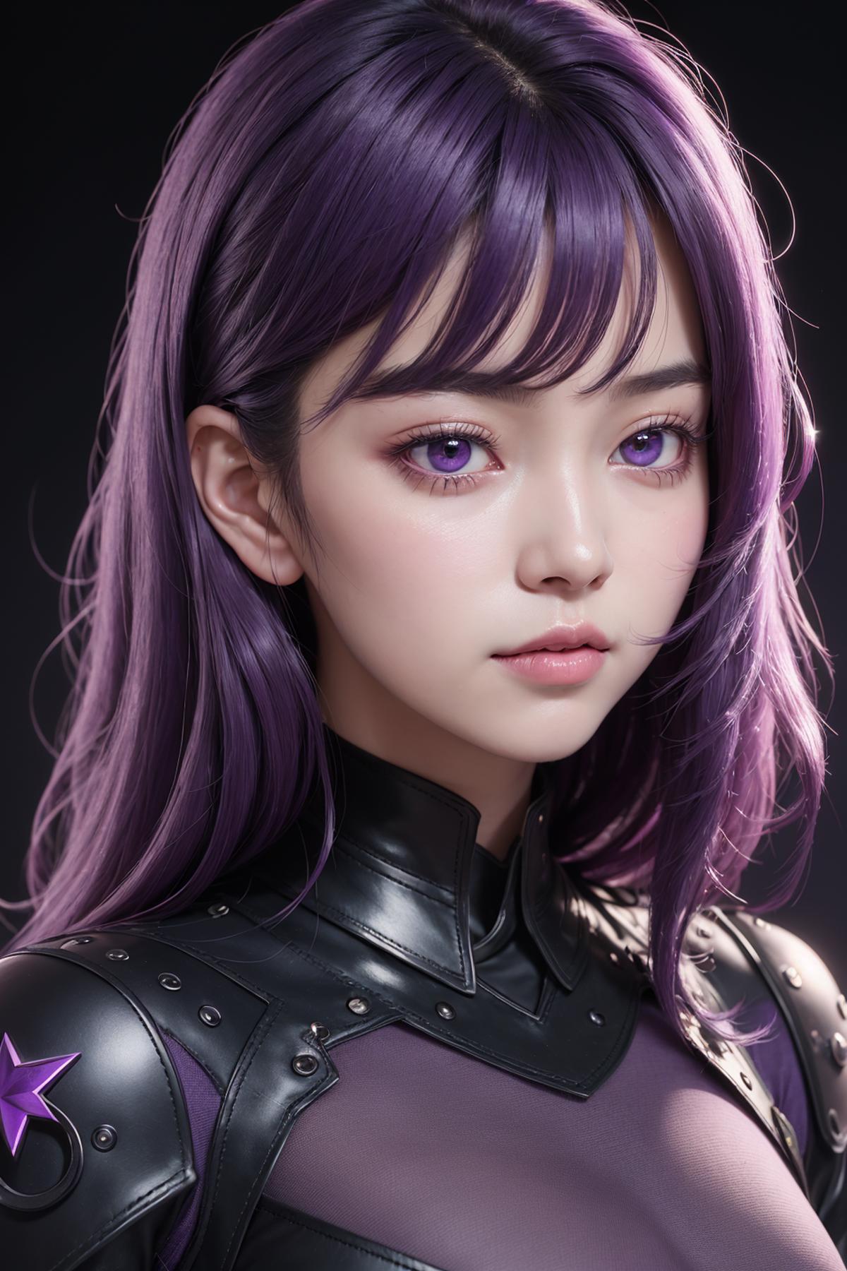 A purple haired girl with purple eyes is wearing a black shirt.