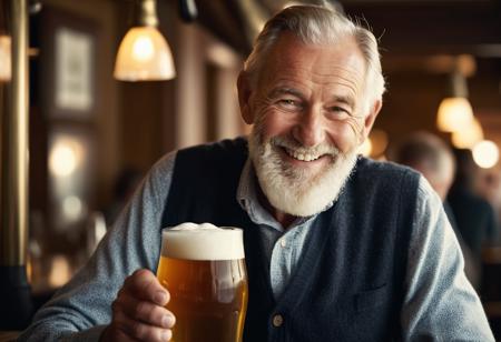 award winning shot of old man smiling and holding a glass of beer filled with fuzzy beer foam, rim light, 8k, intricate details, Cinematic portrait photography, capture subject in a way that resembles a still frame from a movie, cinematic lighting, story, narrative quality, drawing viewers into the scene and evoking a sense of cinematic immersion, capturing emotion, professional, engaging, compelling composition