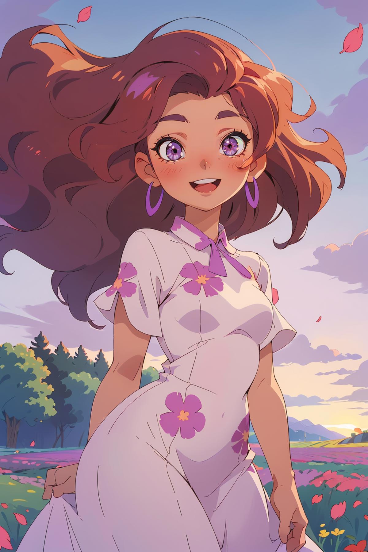 A beautiful cartoon image of a smiling girl wearing a white flowered dress.