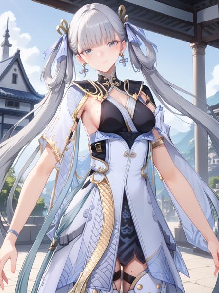 ((jinshi:1.3)), 1girl, jewelry, dress, long hair, twintails, mole on thigh, earrings, ribbon, hair ribbon, mole under eye, grey eyes, thighhighs, hair ornament, grey hair, blunt bangs, belt, (thigh straps:1), 