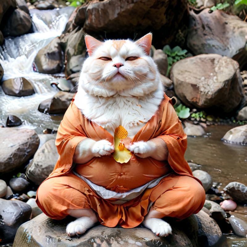 A cat sitting in a lotus position, wearing a robe and holding a leaf.