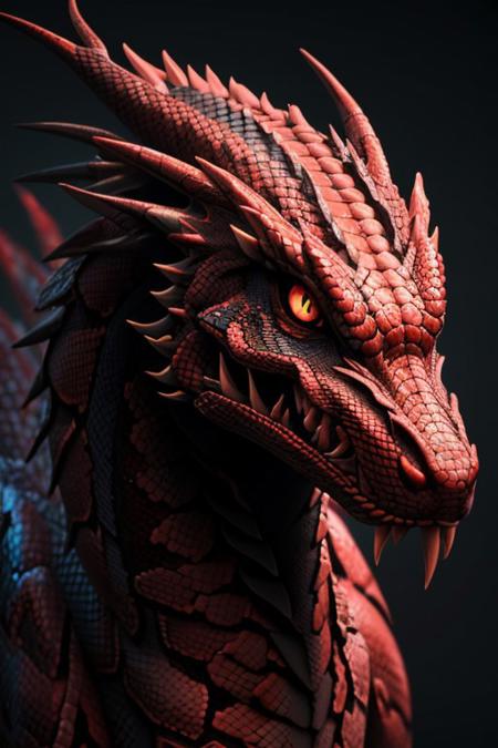 Asian dragon red snake gradient vibrant neon colour, rough, textural, broad brush strokes, red color prominent detailed, alienzkin, silhouette, spotlight, dark theme, c4d, blender, raytracing, unreal engine 5, render 3d, face close up,