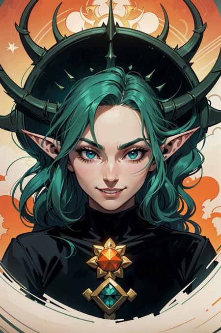 (artwork close-up:1.2),(lineart:1.33), 1boy, portrait elf evil prince of the wilds with long green hair with imposing headgear, (charisma), smile, black portal, antlers behind,grin,orange abstract decoration,teal,frontal iconography,fantasy gothic aesthetic,tiara,complex lighting,(atmosphere), (flat bright colors:1.2), coherent, continuity, epic, attractive, sharp lines, (occidental), (fine sharp lines)