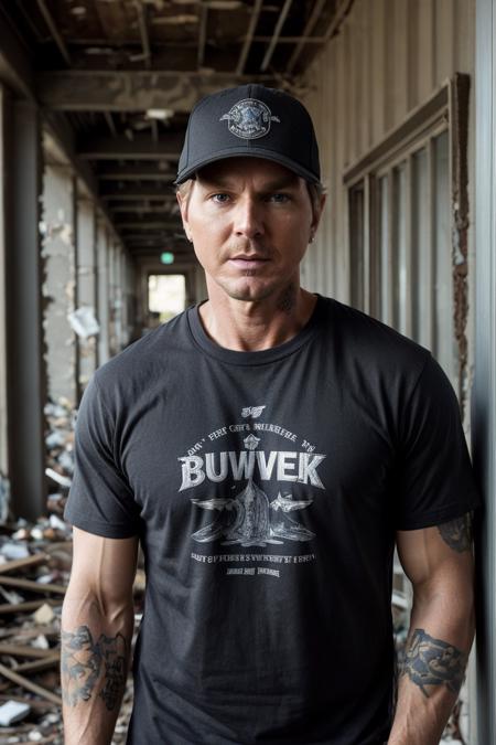 a photo of ga_zakbag, wearing a cap, a muscular and fit man with glasses and a black shirt is looking at the camera with a serious look on his face, he is standing in the hallway of an abandoned building, there is rubble and trash on the floor and graffiti on the walls, he is holding a camera, tattoos on his arms