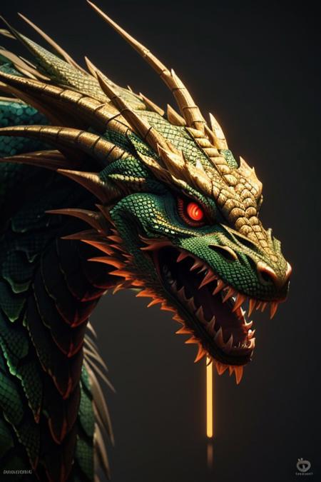 Asian dragon , green, red, gold snake gradient vibrant neon colour, rough, textural, broad brush strokes, red color prominent detailed, alienzkin, silhouette, spotlight, dark theme, c4d, blender, raytracing, unreal engine 5, render 3d, face close up,