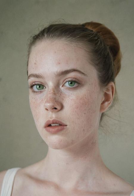 Retro film photo  in great natural lighting, low contrast and subdued. Film distortion and flaws, grainy blur in spots. A beautiful young woman with green eyes and Italian heritage vaguely resembling Tyler, Liv. Pale skin, the lightest freckles, hair pulled back into a tight ponytail. Full cheeks, rounded chin. 
She displays her body, coyly but suggestively, her soft breasts and fit body enticing. 
 inviting intimacy, thin wrists, slender waist, length legs, pubic mound. And thigh gap.  She is aching to make love but is also coy and hesitant, lacking self esteem. 
She looks tired and Strung out, but she is also achingly aroused and super turned on. Sensual passion, achingly horny.  White studio and pale.