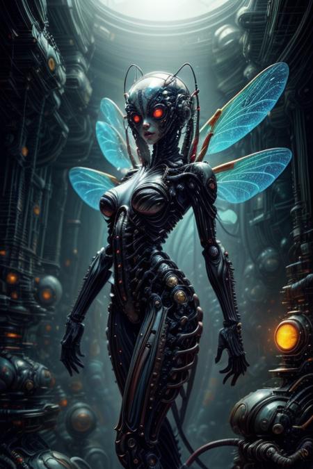 biomechanical style masterpiece,best quality,absurdres,high details,amazing body,
at distance,cowboy shot,
pose,flirting,
(playful gaze, smirking:1.1),
1girl,<lora:Biopunk:1.2>,biopunk,mantis girl,biological skin,(antennae:1.2),(dragonfly's wings:1.2),
<lora:Concept_-_Giger-ish_Biomechanicals_v2:0.5>,hnsrdlf style,
<lora:Concept_-_Giger-ish_Alien_v1:0.5>,bigbadejo alien_monster,
<lora:Concept_-_More_Details_v1.0:0.5>, . blend of organic and mechanical elements, futuristic, cybernetic, detailed, intricate
