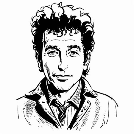 detailed vintage clipart drawing of (Bob Dylan:1.2) , black and white, commercial line art <lora:VOLK_Vintage_Clipart:1>