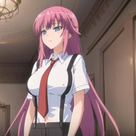 (masterpiece, best quality:1.2),illustration,8k,hd,1girl,solo,upper body,long_hair,very_long_hair,blue_eyes,breasts,large_breasts,shirt,school_uniform,pink_hair,necktie,red_necktie,pants,suspenders,short_sleeves,<lora:Aizawa Suzuka-V1:0.8>,