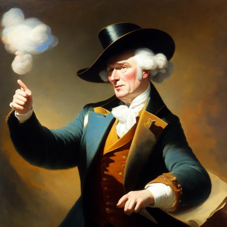 (ducreux style:1) a painting of a man with a hat pointing at something <lora:djzDucreuxV21_LoraBooth:1>