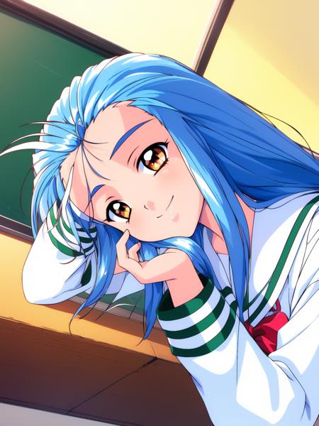 <lora:Minazuki_Kotoko:1> MinazukiKotoko, 1girl, solo, school uniform, blue hair, long hair, smile, brown eyes, 1990s (style), classroom, retro artstyle, dutch angle, long sleeves, looking at viewer, head rest, serafuku
masterpiece, high quality, very_high_resolution, large_filesize, full color,