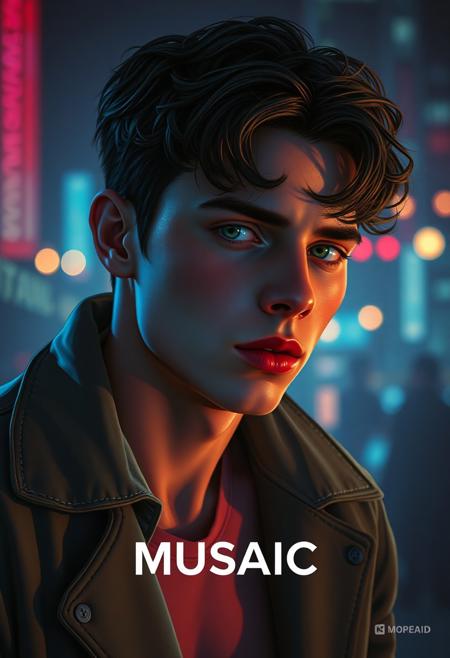 high quality design aesthetics, disco, eighties, synth pop, detailed, synthwave, melancholic, pop album cover for a sad love song, young white man, artist name "MUSAIC"