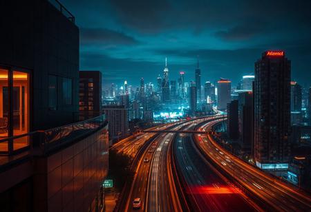 Penthouse, night city view, cyberpunk themed, retrowave, highway, big city in the background, tron vibes, digital era, retrowave