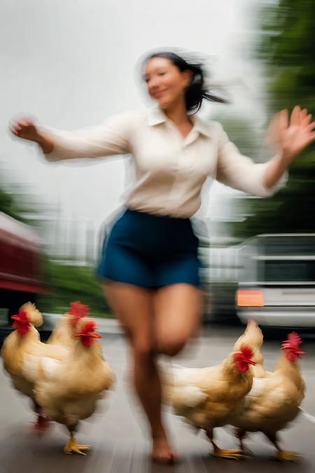 (((motion-blur, blurry soft-focus))), woman with a chicken, â¤âð¥, dynamic pose