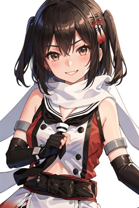 best quality, masterpiece, highres, solo, {sendai_kantaicollection:1.15}, two_side_up, brown_eyes, short_hair, brown_hair, hair_ornament, bangs, smile, serafuku, blush, black_hair, hair_between_eyes, 1girl, black_gloves, black_neckerchief, elbow_gloves, gloves, looking_at_viewer, neckerchief, sailor_collar, scarf, school_uniform, simple_background, white_background, white_scarf, double-breasted, fingerless_gloves, upper_body, white_sailor_collar, buttons