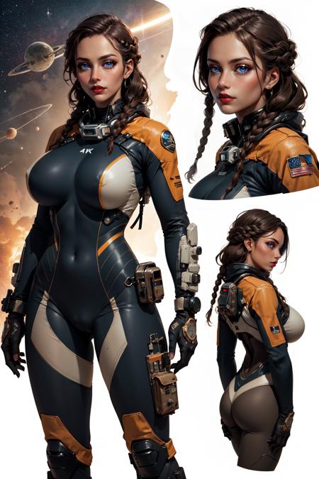 (CharacterSheet:1), 1girl, young italian girl, science fiction, (brown hair, long hair, single braid), (military cropped jacket, space pilot plugsuit), (huge breasts:1.3), dark skin, toned, fight pose, (multiple views, full body, upper body, reference sheet:1), (simple background, white background), (masterpiece:1.2), (best quality, highest quality), (ultra detailed), (8k, 4k, intricate),(full-body-shot), (Cowboy-shot:1.4), (50mm), (highly detailed:1.2),(detailed face:1.2), detailed_eyes,(gradients),(ambient light:1.3),(cinematic composition:1.3),(HDR:1),Accent Lighting,extremely detailed,original, highres,(perfect_anatomy:1.2), <lora:CharacterDesign_Concept-10:0.5>