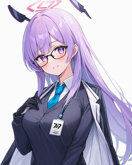 utaha \(blue archive\),1girl, solo, halo, looking_at_viewer, blue_necktie, upper_body, white_background, white_shirt, black_gloves, blush, long_sleeves, two-tone_jacket, collared_shirt, id_card, parted_lips, smile, black-framed_eyewear, simple_background, bespectacled, black_jacket, breasts, under-rim_eyewear, sidelocks, open_jacket, notice_lines
<lora:utaha_(blue_archive)_image162_2023-12-01-000050:1>halo. gorgeous,key visual, vibrant, studio anime,award-winning, professional, highly detailed,high budget, cinemascope