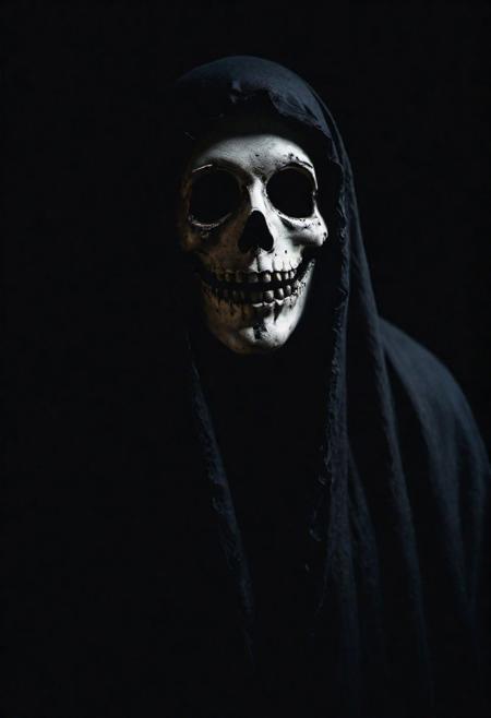 cinematic photo (ghost face), . 35mm photograph, film, full body, bokeh, professional, 4k, highly detailed, realistic, detailed, photo realistic, sharp focus, 8k, Close-up, grim smile, relaxed pose, portrait movie shot, serious, menacing, chiaroscuro style photo, dark background, minimalism, dramatic lighting, professional quality, dull highlights and shadows, natural and  original,