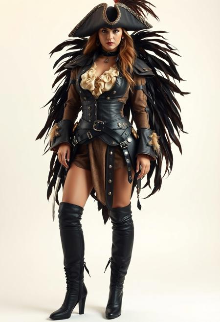 Full shot, standing pose of a Female pirate,  Jean Paul Gaultier fashion costume, feathers, metal, leather, damask fabric, top soft light, fabric light colors, tall boots, highly detailed, melancholic