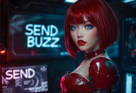 Prompt: score_9, score_8_up, score_7_up, photorealistic, cyberpunk style:0.8, (masterpiece), best quality, 1girl, 18 year old woman, cybernetic girl, (standing on right side of photo, pale white skin, human body, cybernetic arms:0.9, solo, cute round face:0.8, realistic smooth pale white skin:0.9, highly detailed cybernetic blue eyes that glow faintly:0.9,  full pouty lips, parted pils, glossy red lipstick:0.8, bright red hair:0.9, chin length asymmetrical bob haircut with bangs, hair falling over part of her face covering one eye, portrait, red corset, medium round breasts, cleavage, collarbone, bangs, looking_at_viewer, shoulders at an angle to viewer in classic portrait pose, dark futuristic interior background, neon details in background, inside sci-fi looking apartment, large translucent computer monitor has words “SEND BUZZ”:1.5, 
EyesHD, gradient lips a, glossy lips, shimmery eyeshadow, mascara, winged eyeliner, shimmering eyeshadow, realistic
