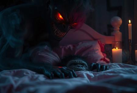 close-up other the shoulder of a black deamon like barby made of dens black smoke, houvering ghostlike over a pink childs bed, only his red glowing grimm smile showing his horrific presence. in the bed is a scarred young ape face hiding under a pillow. soft fog raines like drops in slow-motion, glowing from the candles sorounding the bed. filling the dark black room in dramatic lighting whispering horror.
Shot with a full-frame DSLR, 85mm lens at f/1.8 for shallow depth of field, ISO 400, 1/100 shutter speed. dimm light enhanced with slight post-processing contrast boost and warm tone grading. creating a feeling as unsettling as compelling.