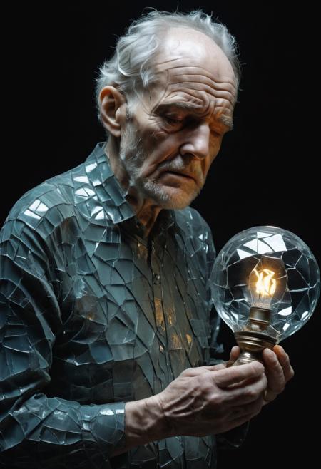 very old man sadly holds a lamp made of broken glass in his hands, looks sad, pieces of glass, High detail, 8k <lora:Made_of_pieces_broken_glass_v2:0.8>