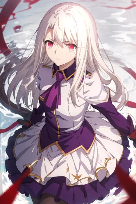 best quality, masterpiece, highres, solo, {illyasviel_von_einzbern_fatestaynightufotable:1.15}, long_hair, white_hair, red_eyes, bangs, hair_between_eyes