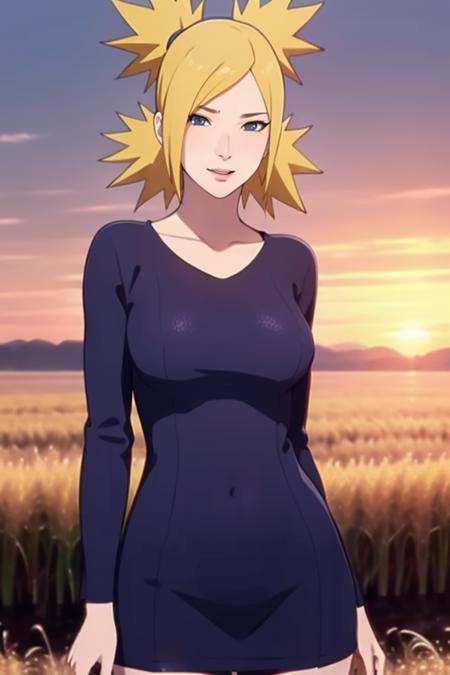 mature woman, anime, natural skin texture, <lora:Temari Nara v2:0.7>, mature face, blonde, 4 ponytails, 4 hair tails, t-shirt, shirt, (room background, complex background:1.2), sweater dress, black pantyhose, walking, (field background, blue sky, sunset:1.3), ultra-detailed, 8k, rtx, ambient occlusion, rim lighting, bustling, full open eyes, 8k quality, high resolution, extremely detailed, intricate details, natural skin texture