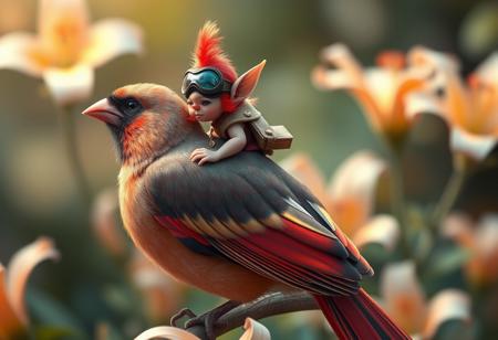a tiny goblin pilot riding on the back of a cardinal, reins, the bird's feathers have an iridescent shine, bright lily flowers, bokeh, in the style of a fantasy painting