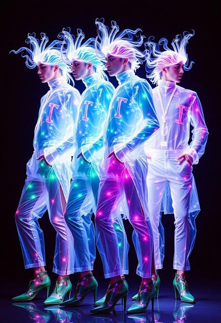 4 asian  Male models  , all identical but in different stances , crystallisation, schizophernia, bioluminescent Jem the Hologram, surreal psychedelic flowing avant-garde art by Yoh Nagao and Erik Madigan Heck and Alan Aldridge, 1980's new wave totally radical fashion.,side view, side eye, slot skirts , high heels.  Athletic