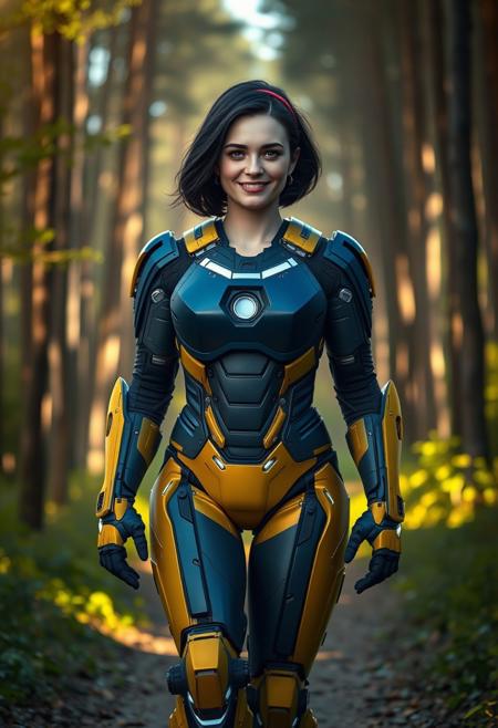 A hyper-realistic, ultra-detailed photography of a beautiful female, Full body shot, walking toward camera, 
Short black hair, puffy hair, thin red hair band, pale skin, 
blue eyes, detailed eyes, perfect face, european woman, german ethnicity, 
She smile with a sweet and peacefull faces. Her body is lightly overweight body, she has large round eyes.
Wearing a sexy ironman suit, with blue top parts and yellow bottom robotic armor legs. Some touche of white on the armor. 
The camera show her entire body in the middle of a beautiful forest in background, dramatic light, volumetric light ray,