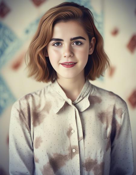 KiernanShipka,<lora:KiernanShipkaSDXL:1>,A waist-up portrait of a young beautiful girl, (freckles:0.96) skin, blunt cut hair style, "slim with curves",  batik shirt. This image, characterized by its Minimalism style and outdoor background that was recognized as a contest winner. It has been featured on CG Society.