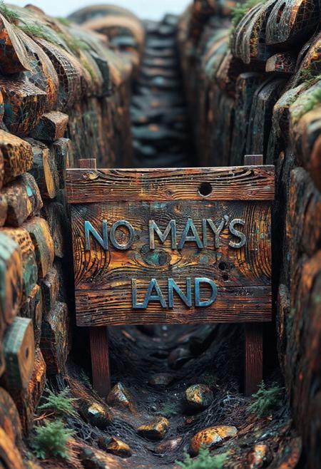 A World War II trench scene. A weathered wooden sign at the trench's entrance reads 'No Man's Land,' with bullet holes piercing through the letters. made out of fractangles, PG rating, sfw,