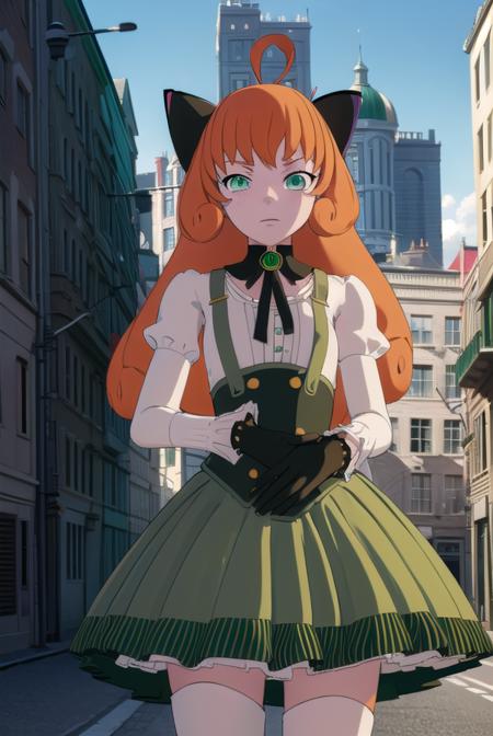 penny polendina, long hair, (green eyes:1.5), ahoge, orange hair, freckles, skirt, shirt, thighhighs, gloves, long sleeves, bow, white shirt, black gloves, puffy sleeves, green skirt, android, joints, robot joints, mechanical legs,