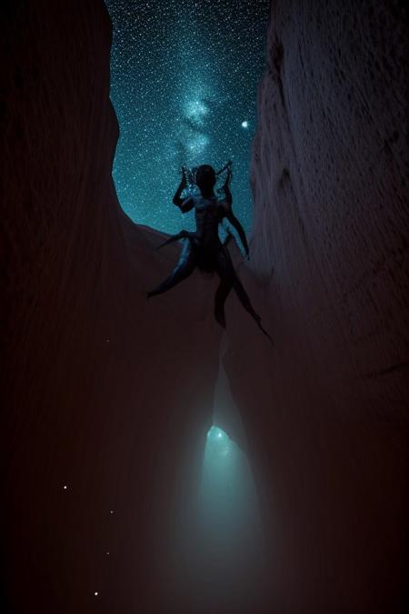 masterpiece,   <lora:NV_Celestial_Skin_IL:1> nv-celestialskin, colored skin,   void cosmic body, stars, black skin, chromatic aberration,
giant tiger, in a canyon, from below, dutch angle,monster, glowing eyes, animal focus, dissolving ,