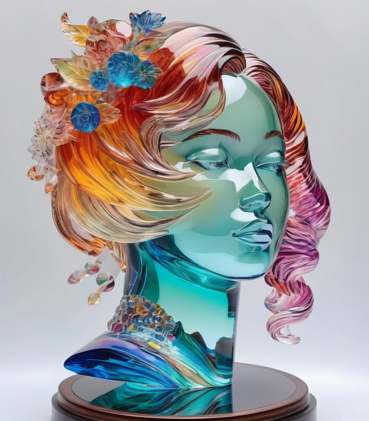 Artistic Glass Head Sculpture with Multi-Colored Flowers on Display